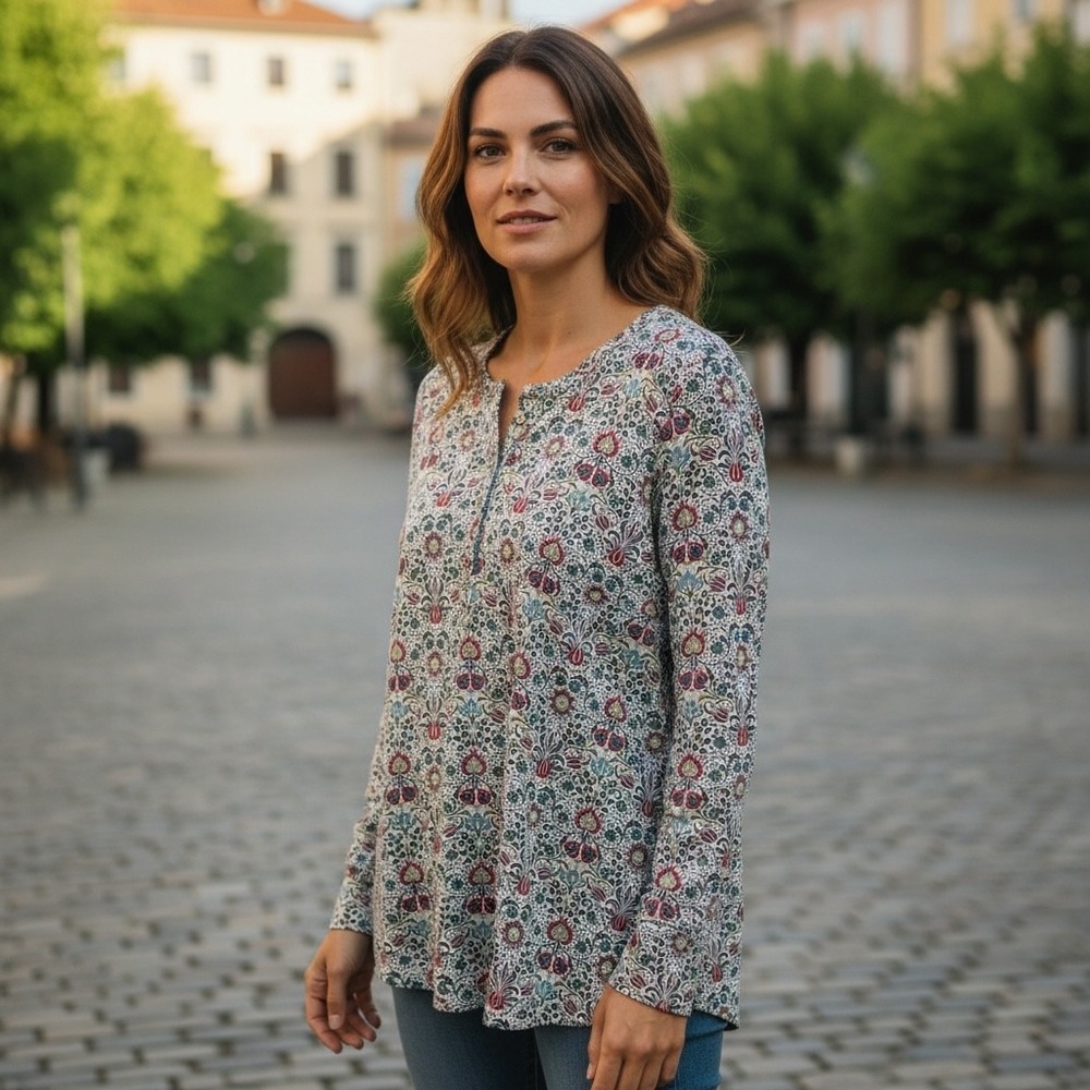 J. Jill Floral Rayon Tunic Blouse Split Neck‎ Botanical Boho Cottagecore Small